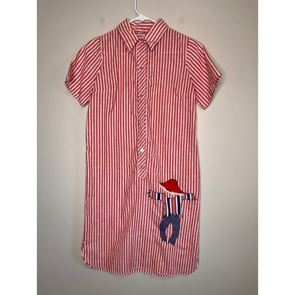 1970s Red Stripe Denim Patchwork Dancing Scarecrow Button Up Tunic Dress M